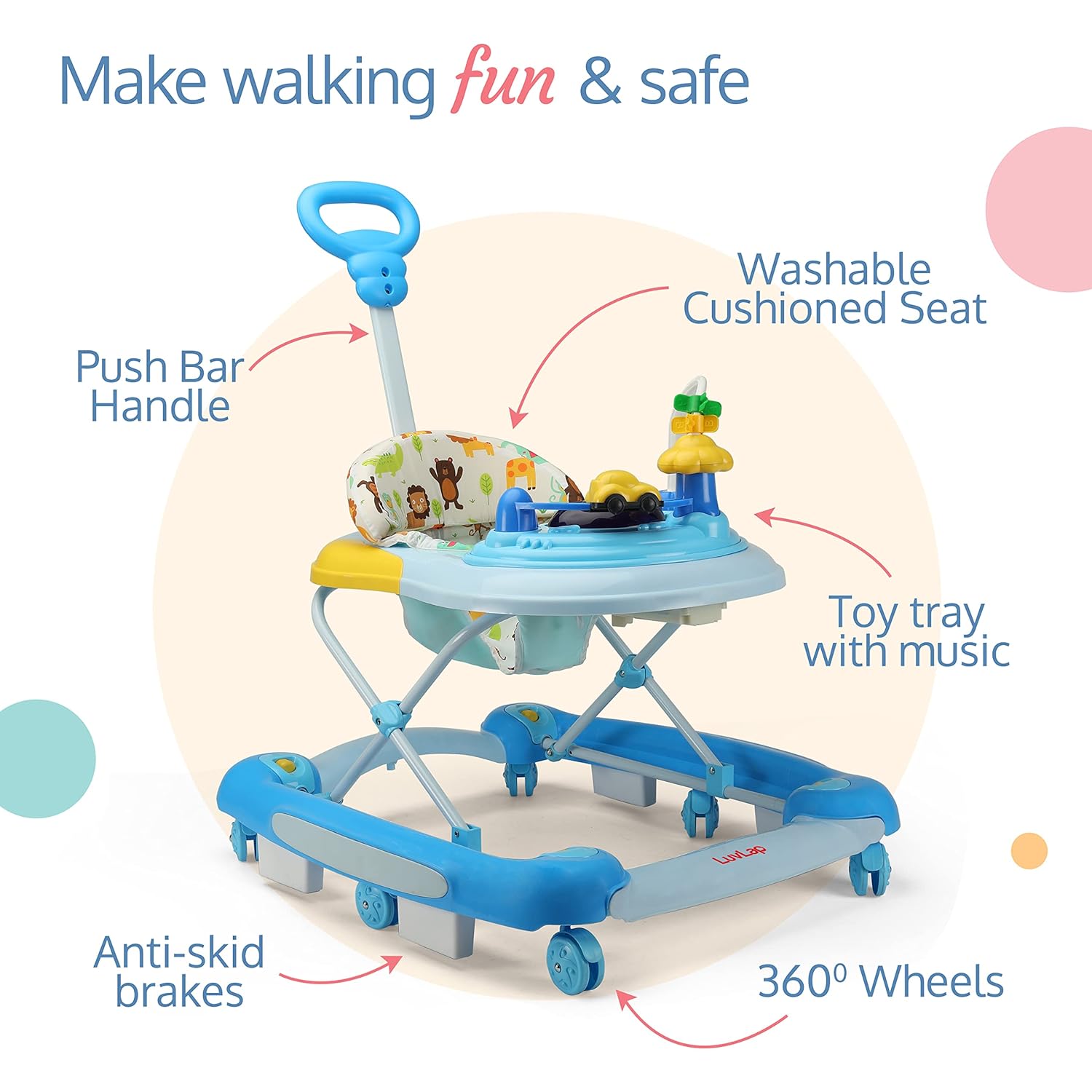 Usmile Toys LuvLap Comfy 2-in-1 baby walker in yellow and green, featuring a cushioned seat with animal print and integrated rattling toys. www.usmile.toys